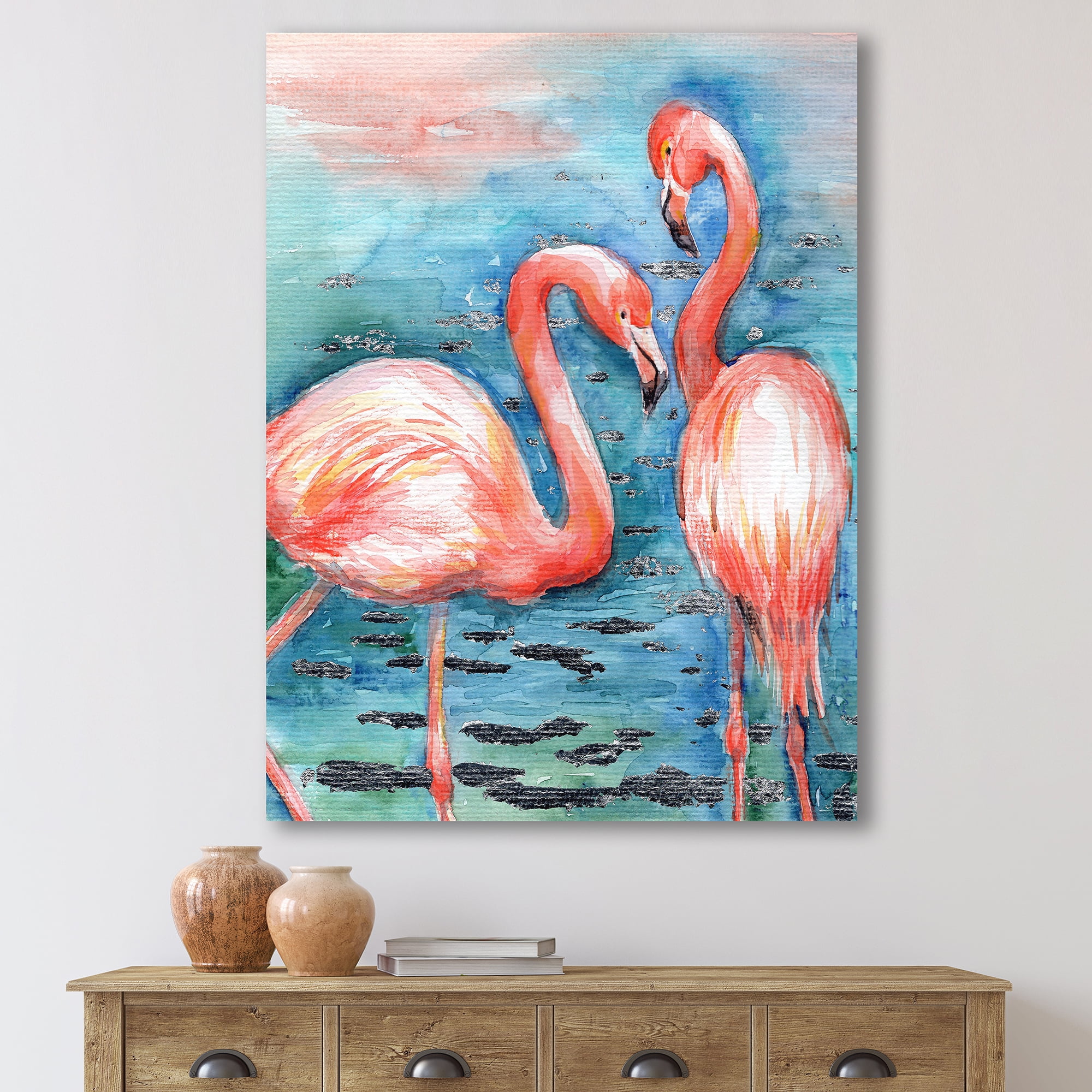 Pink Flamingos Love Birds In Blue Water I 8 in x 12 in Painting Canvas Art Print, by Designart