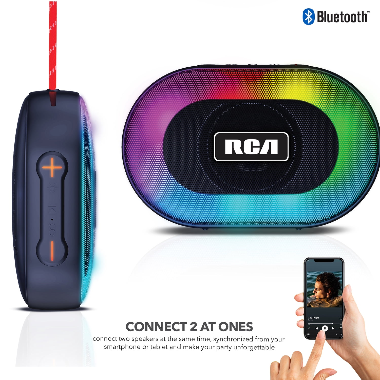 RCA 5-Watt DISCO-101 Equinox Portable Bluetooth Speaker with TWS, Flame Effect Lights, USB/microSD/Aux, FM Radio, IPX5, up to 3 Hours Play Time