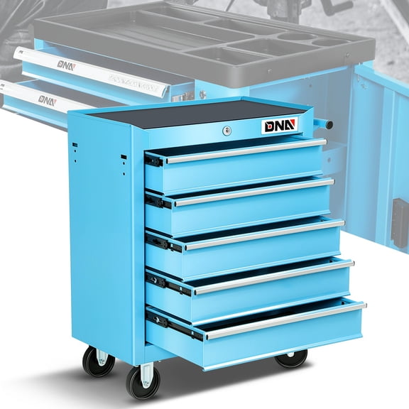 DNA Motoring 5-Drawer Plastic Top Rolling Tool Trolley Chest Storage Cabinet w/ Keys Blue