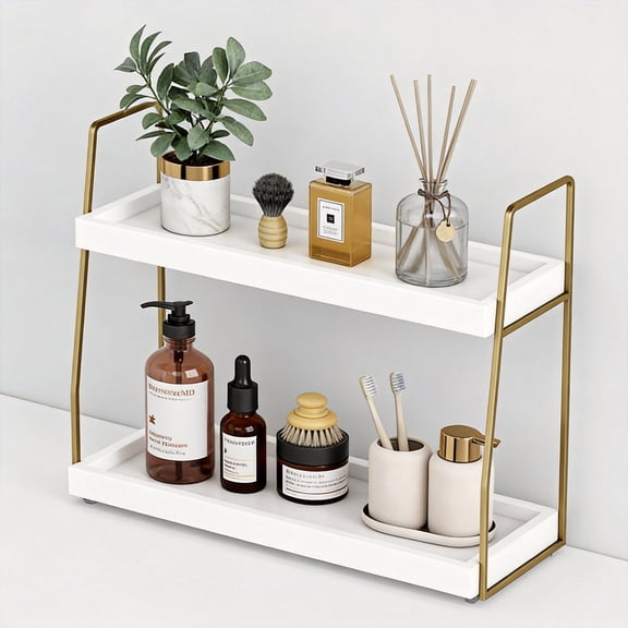 2-Tier Wooden Bathroom Countertop Organizer - White and Gold Vanity Storage Shelf for Makeup, Skincare, and Perfume - Space Saving Corner Tray for Bathroom, Bedroom, and Kitchen Sink