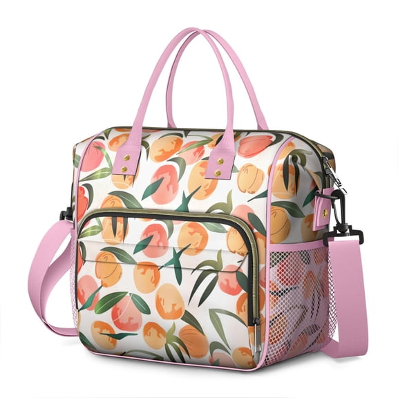 Leakproof Dual Compartment Lunch Box with Peach Lover Design Large Insulated Cooler Tote Foldable Adjustable Strap Multi pocket Organizer for Work & Travel