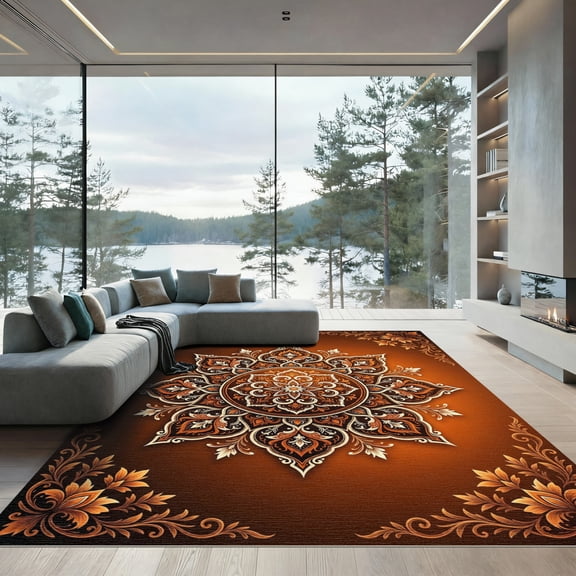 ODIKA 4'x6' Machine Washable Non-Slip Area Rug, Oriental Burnt Orange High Traffic Rug, Brown, 1016773