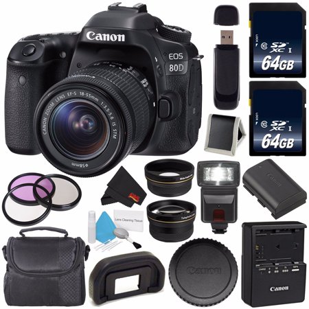 Canon EOS 80D DSLR Camera with 18-55mm Lens 1263C005 (International Version) + 64GB SDXC Class 10 Memory Card + External Flash + Carrying Case + SD Card USB Reader + Memory Card Wallet (Best Cheap External Flash For Canon)