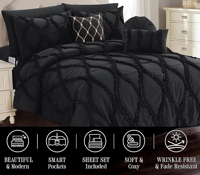 Elegant Comfort 10pc Bedding-in-a-Bag Infinity Design Comforter Set, Ultra Soft Bed Set Featuring Decorative Pillows and Fitted Sheet , Storage Pockets, Infinity Comforter, Full/Queen, Black Onyx
