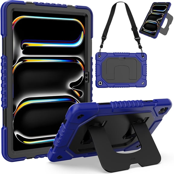 Allytechgroup for Samsung Galaxy Tab A11+/ A9+ Rugged Tablet Case Cover, Shock-Resistant PC+TPU Basic Protective Case with Kickstand & Shoulder Strap Shockproof Non-Slip for Women Men, Blue