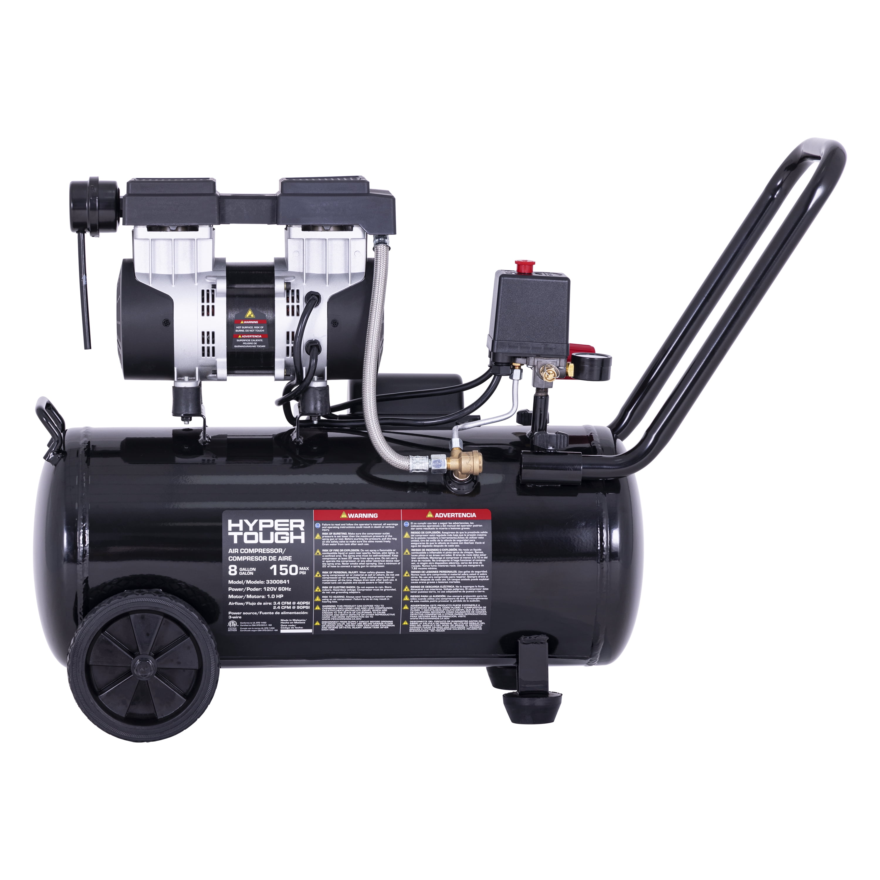 Hyper Tough 8 gal Quiet Air Compressor, 1 HP, Oil-Free, 150 psi