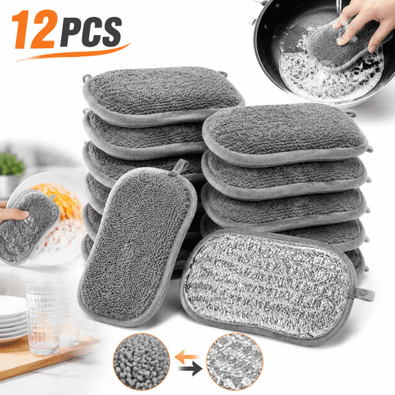 Emlimny 12 Pack Kitchen Sponges for Washing Dishes, Dish Sponge Kitchen, Dual-Sided Non-Scratch Microfiber & Metal Scrubber, Reusable Sponges for Dishes, Pots, Glass, Sink, Stovetop & Bathroom (Gray)