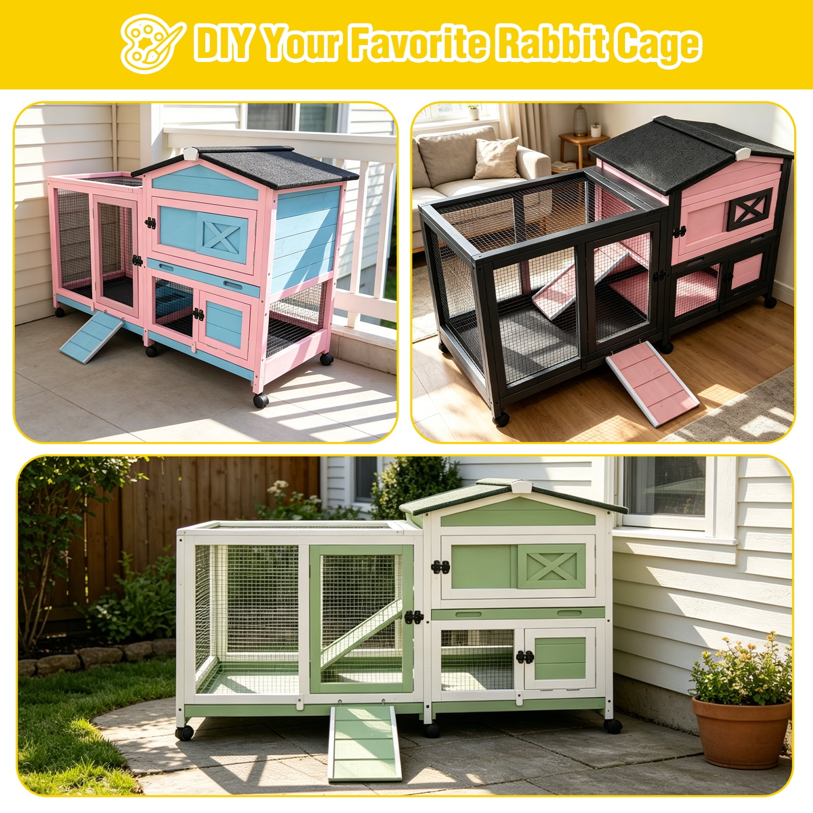 Aivituvin Rabbit Hutch with Wheels for Outdoor & Indoor, 2-Story Bunny Cage Guinea Pig House with Pull Out Tray for Rabbits, Gray