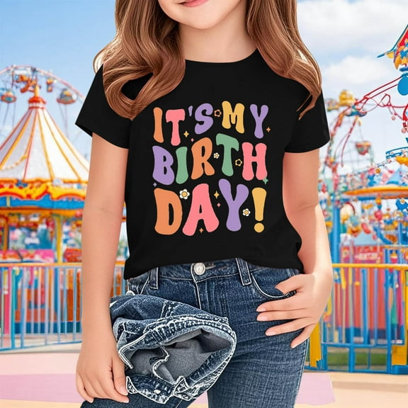Frwgonr Girls Birthday T-shirts Short Sleeves Blouse Crewneck Birthday Graphic Summer Kids Tee Tops 2-15 Years, Black