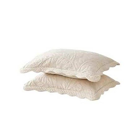 2-Piece 100% Cotton Quilted Pillow Shams Embroidered Farmhouse Pillow Shams (King, Natural Beige)