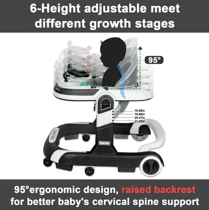 LHUAI 5-in-1 Baby Walker With Bouncer, Removable Footrest, Feeding Tray & Music, Foldable & Adjustable Activity Walker For Boys And Girls, Toddler Infant, Black