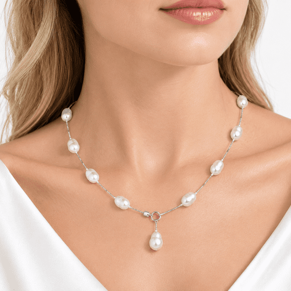 YAMI Freshwater Pearl Necklace for Women 8-9mm White Baroque Cultured Pearl Y Necklace 925 Sterling Silver Adjustable Chain 18 2 Inch Jewelry Gift