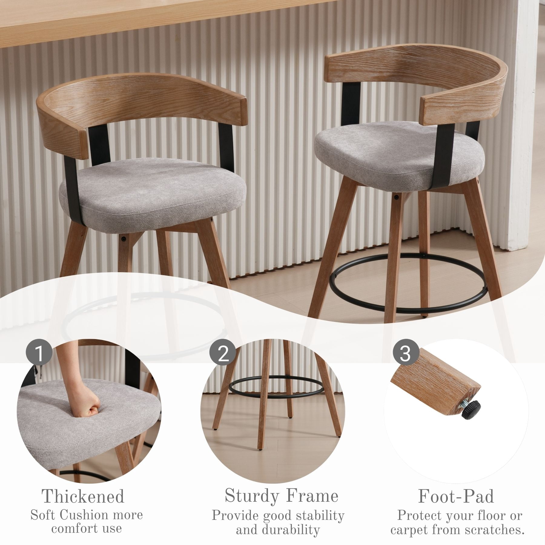 Dayalane Mid Century Modern Bar Stools Set of 1, 26" Swivel Counter Stools with Barrel Back, Linen Upholstered Barstools with Wood Legs for Kitchen Island, Dining Room, Home Bar, Grey