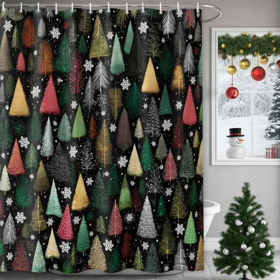 Christmas Tree Shower Curtains for Bathroom, Colorful Xmas Pine Trees Winter Snowflakes Waterproof Fabric Shower Curtain for Bathroom Bathtub Decoration, Machine Washable, 72"x84"