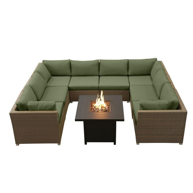 Chambers Bay Collection 9-Piece Aluminum Patio Conversation Set with Green Cushions and Square Fire Table