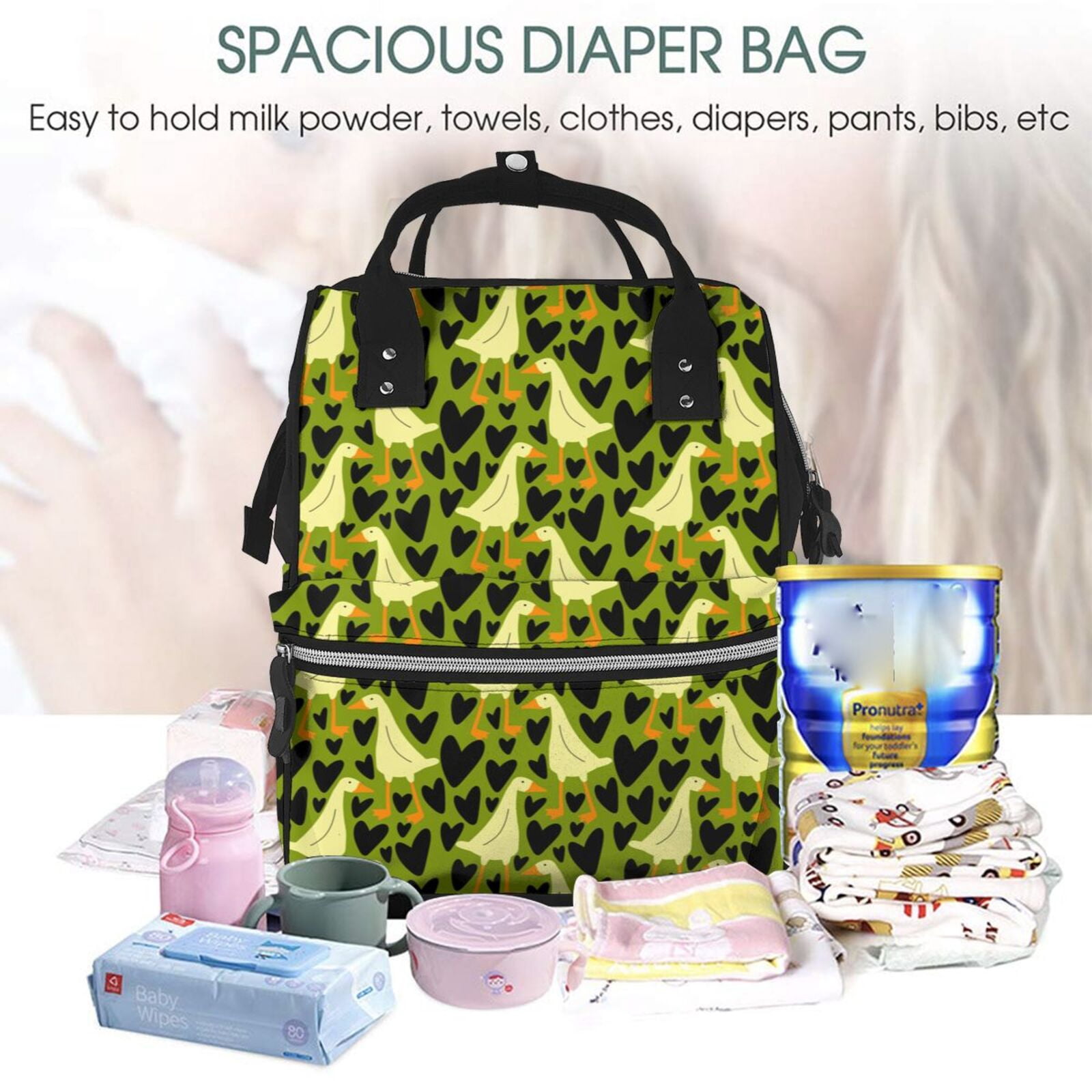 Fuzoiu goose and hearts Print Diaper Bag Backpack,Baby Essentials Travel Tote,Multi function Waterproof Diaper Bag, Travel Essentials Baby Bag - Unisex