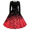 thumbnail image 2 of Women's Vintage Halloween Bat Print Swing Dress Long Sleeve 1950s Retro A-Line Midi Dresses with Satin Sash Belt for Gothic Cosplay Evening Prom Party, 2 of 6