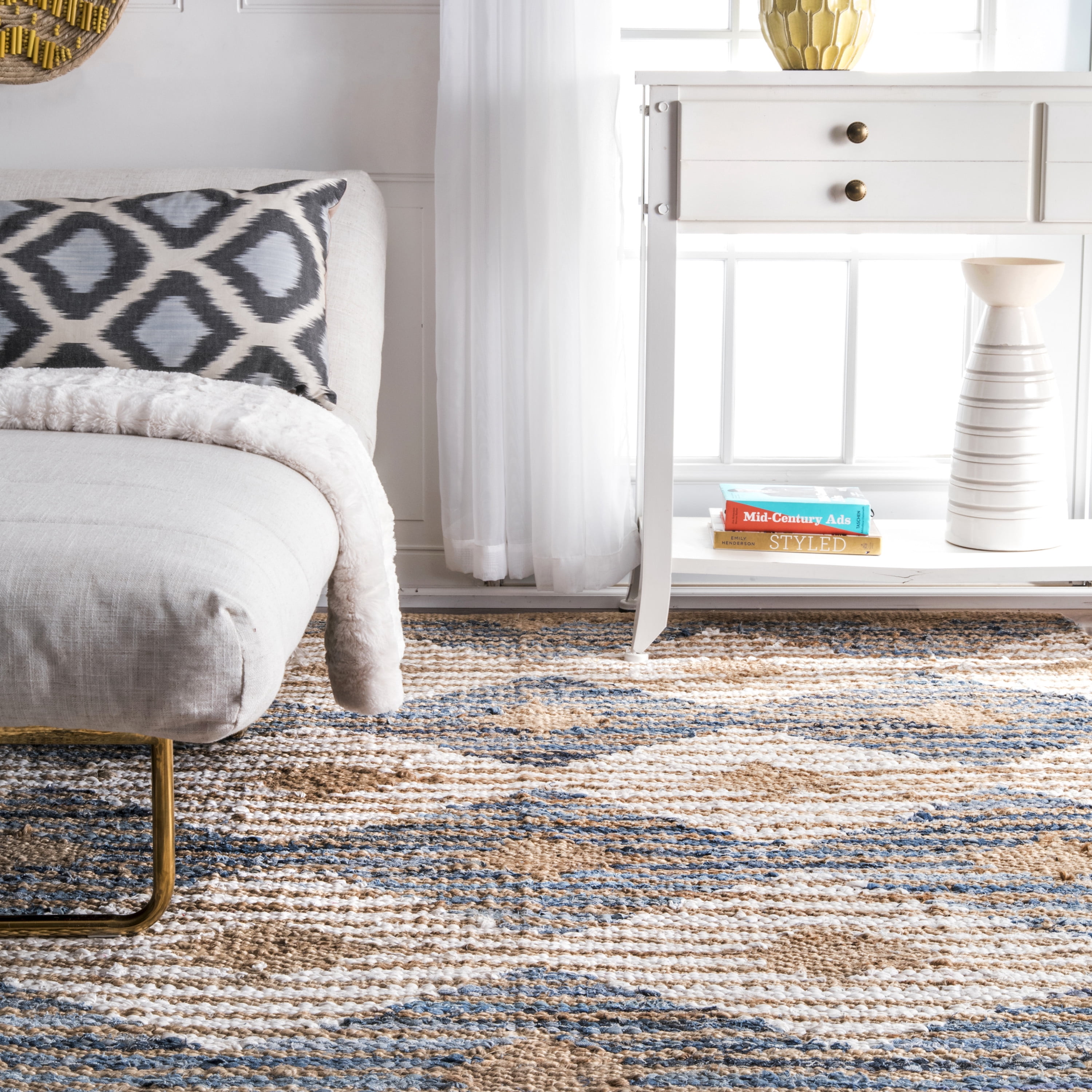 nuLOOM Hand Braided Marla Denim And Jute Diamonds Area Rug, 12' x 15', Off White