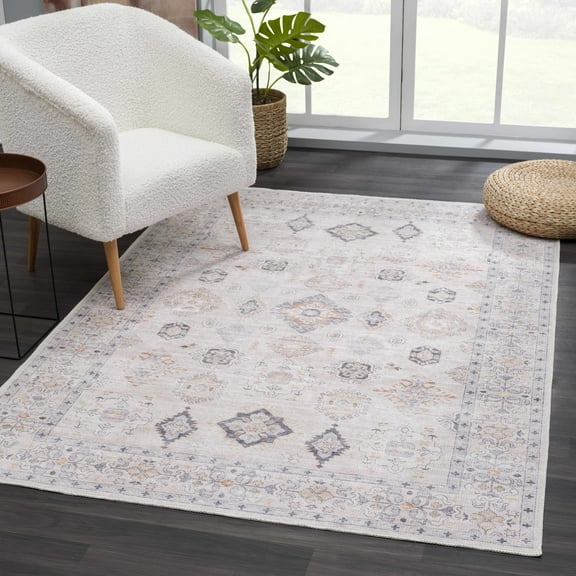Hauteloom Beckett Living Room, Bedroom Machine Washable Area Rug - Traditional - Beige, Brick Red, Navy - 5'3" x 7'