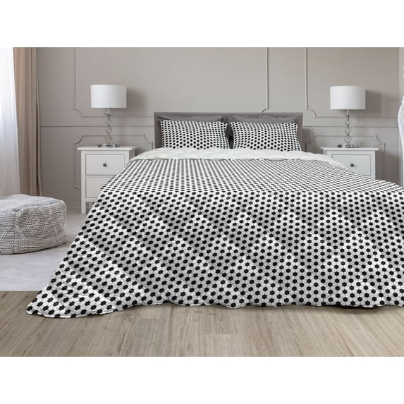 Soccer Comforter & Sham Bedding Set, Abstract Football Ball Pattern Monochrome Geometric Design Sports Fun Activity, 3 pcs Duvet Set Microfiber Filling Quilt, 5 Sizes, Black White, by Ambesonne