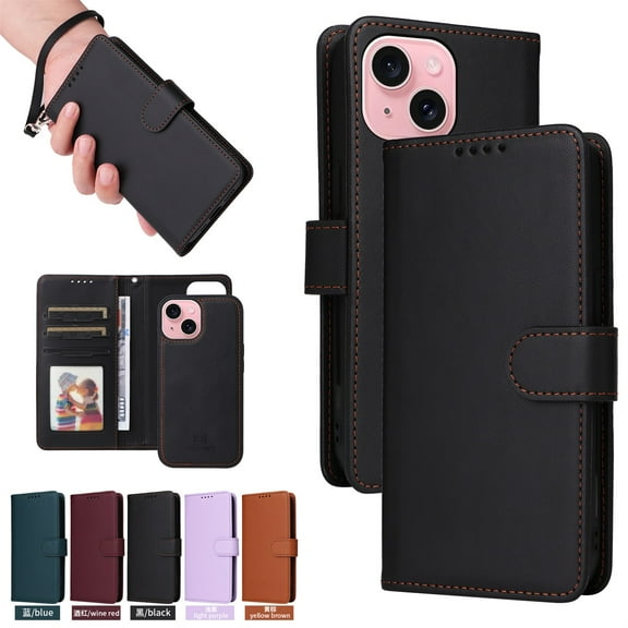 SaniMore for iPhone 15 Plus Wallet Case, Detachable Strong Magnetic PU Leather Flip Cover PU Leather with Magnetic Shell Card Slots Cash Pocket Wristlet Strap Full Body Protective Stand Shell, Black