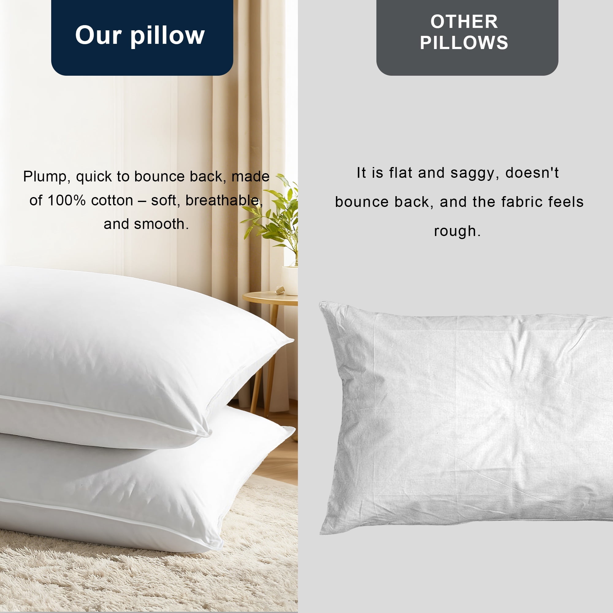 Set of 2 Goose Down Pillows Queen Size , 100% Cotton Shell, Supportive Cooling Pillows , Hotel Bed Pillows