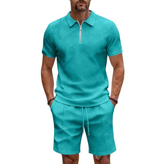 LWavelet Men's Geometric Jacquard Quarter Zip Polo Shirt and Drawstring Shorts Set Turquoise M