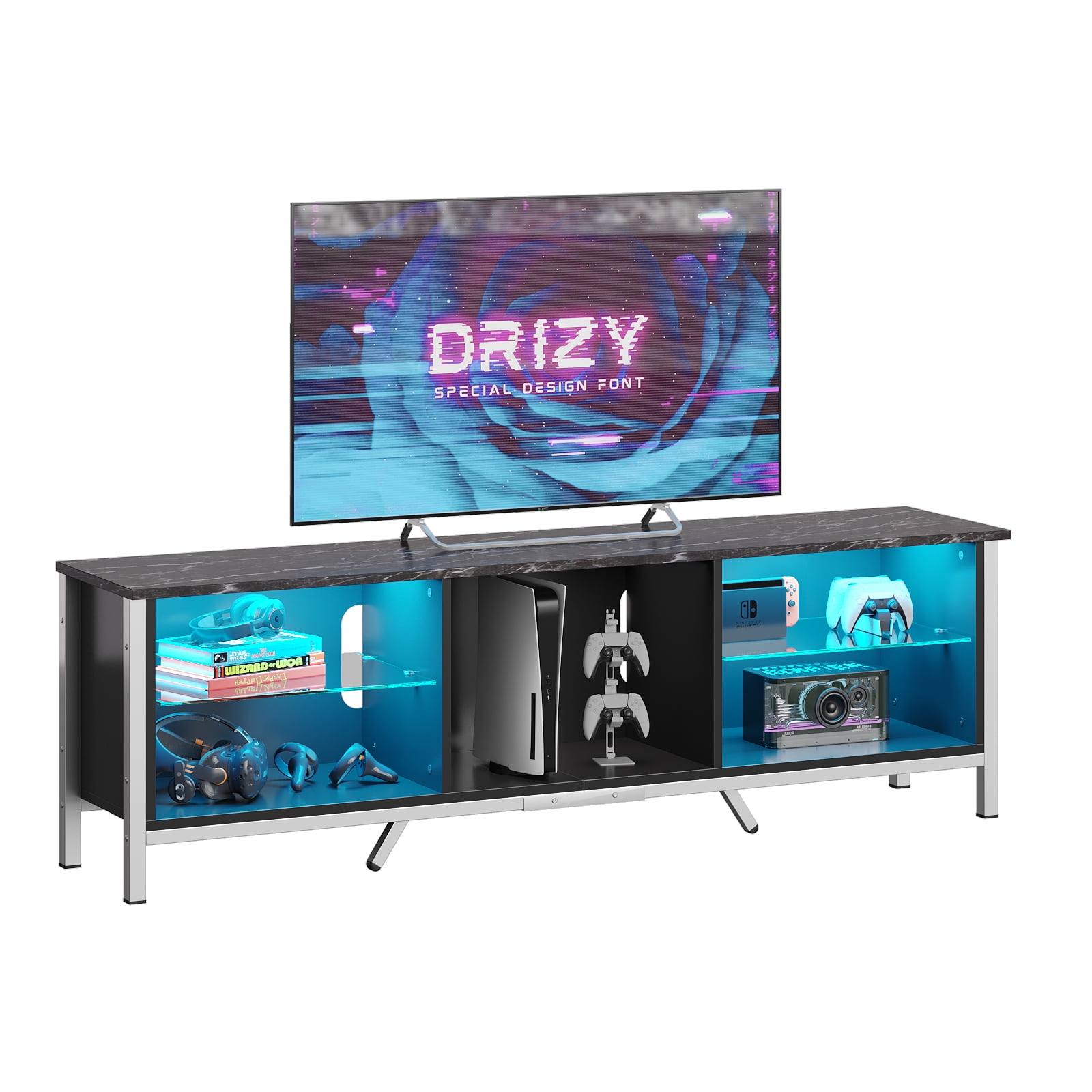 Bestier 70" TV Stand for TVs up to 80" with LED Lights Modern Gaming Entertainment Center, Black Marble