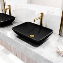 VIGO Matte Shell Sottile Glass Rectangular Vessel Bathroom Sink in Black with Sterling Faucet and Pop-Up Drain in Matte Gold-VGT2052