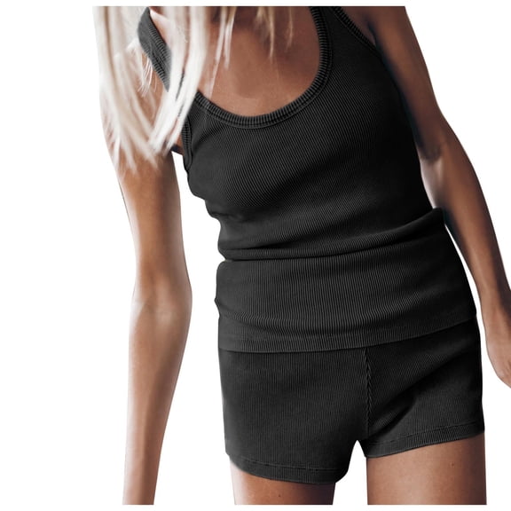 hoksml Club Outfits for Women,Women's Spring And Summer Screw Knitted Stripe Solid Tank Top Shorts Two Piece Casual Home Set
