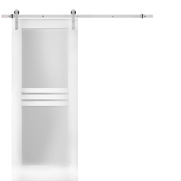 Modern Barn Door 42 x 84 inches Opaque Glass 4 Lites / Mela 7222 White Silk / Stainless Steel 8FT Rail Track Set / Solid Panel Interior Doors