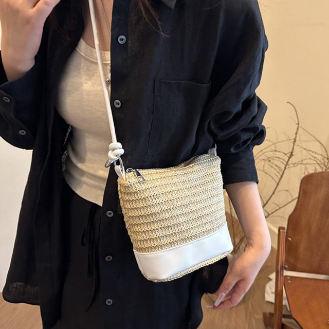 mfyjkho Bolso bandolera tipo barril con parches de piel de paja, poliéster, negro, caqui, blanco y marrón, 1 unidad