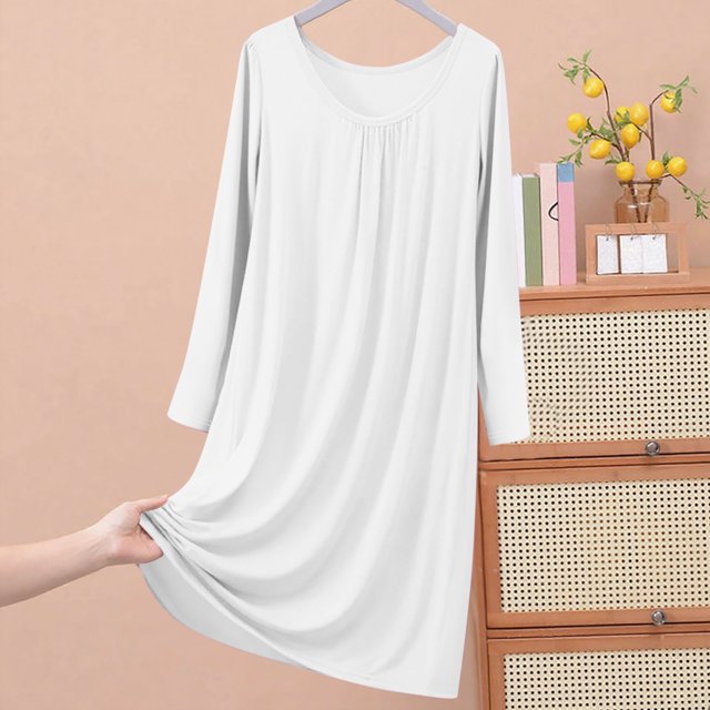Sakmal Robe de Nuit Décontractée Moomoo pour Femmes Blanche Longue Grande Taille Robe de Sommeil Unie à Manches Longues Chemises de Nuit pour Femmes