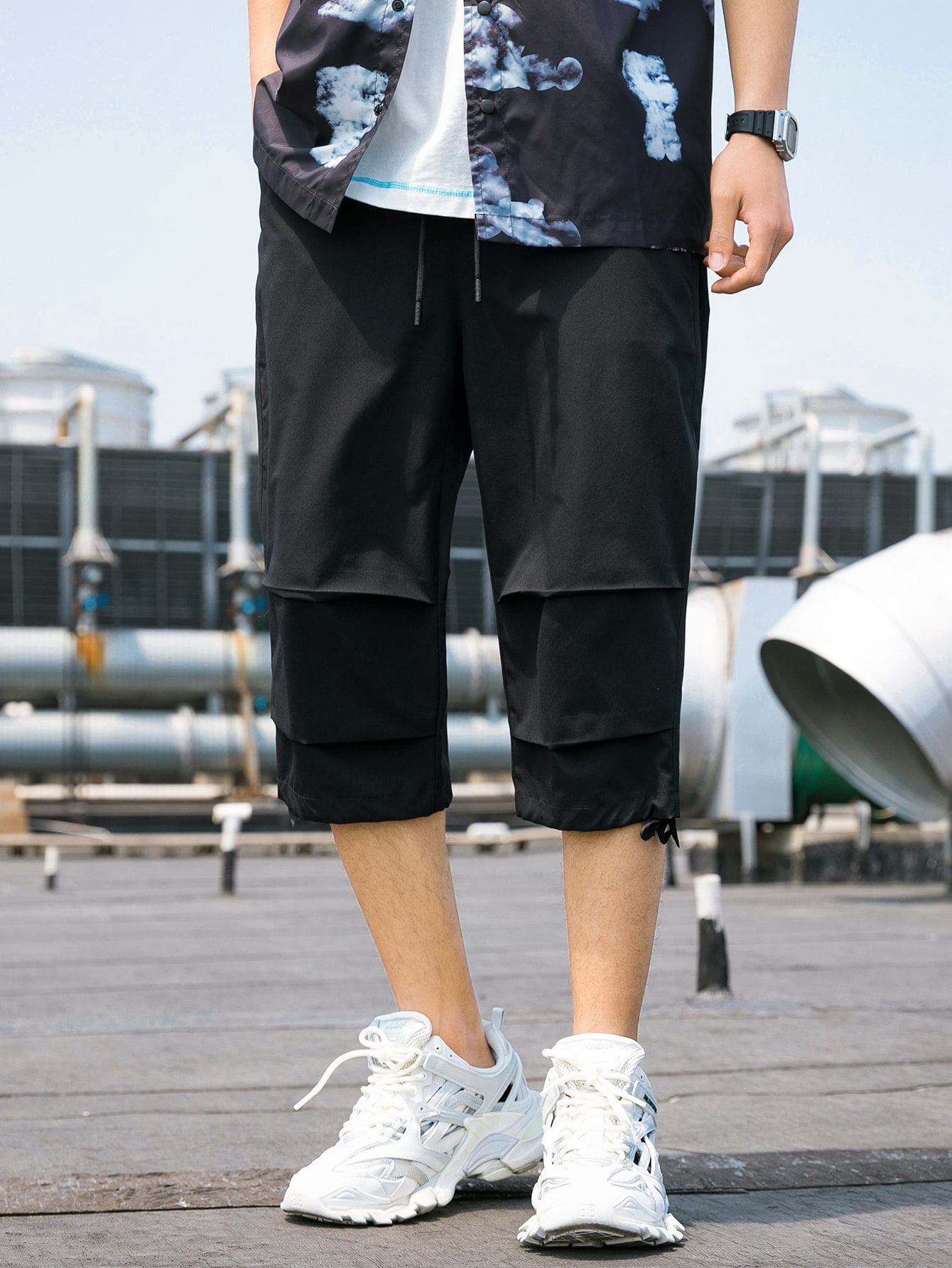 Black Casual Men Drawstring Hem Fold 