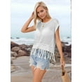 thumbnail image 4 of Women Tassel Knitted Crochet Mesh Crop Top Sexy- Short Sleeve Fishnet Top See Through Cover Up Cream White M, 4 of 7