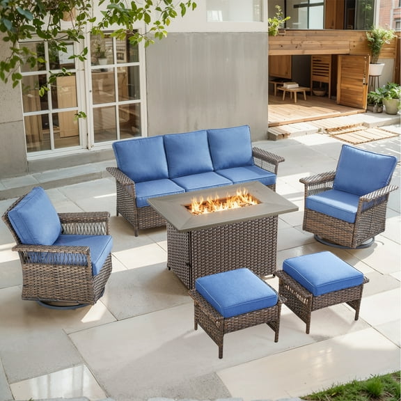 OPOHORO 6 Pieces Patio Furniture Set with Fire Pit Table, Outdoor Brown Wicker Rattan Furniture with Patio Couch, Swivel Chair, Ottoman and Propane Fire Pit, Ideal for Porch Balcony Garden in Blue