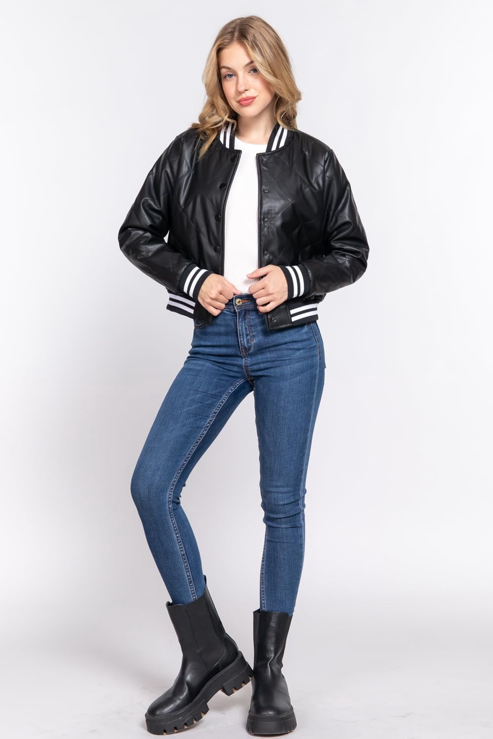 J. METHOD Women's Bomber Jacket PU Faux Leather Quilted Long Sleeve Button Down Casual Coat Outerwear