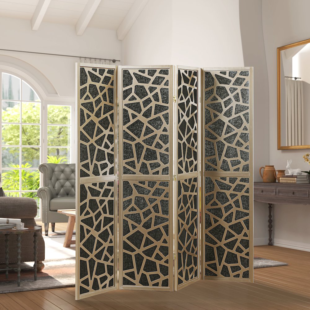 Roundhill Furniture 4-Panel Wood Room Divider, Folding Portable Partition Screen, Black and Gold