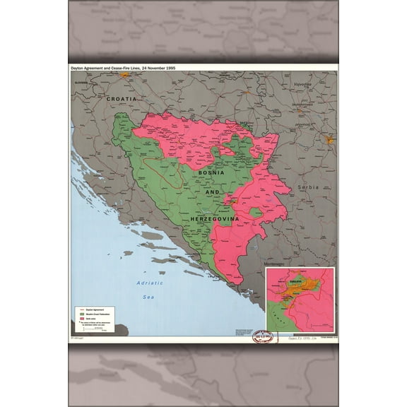 24"x36" Gallery Poster, cia map Dayton agreement Bosnia Herzegovina 1995