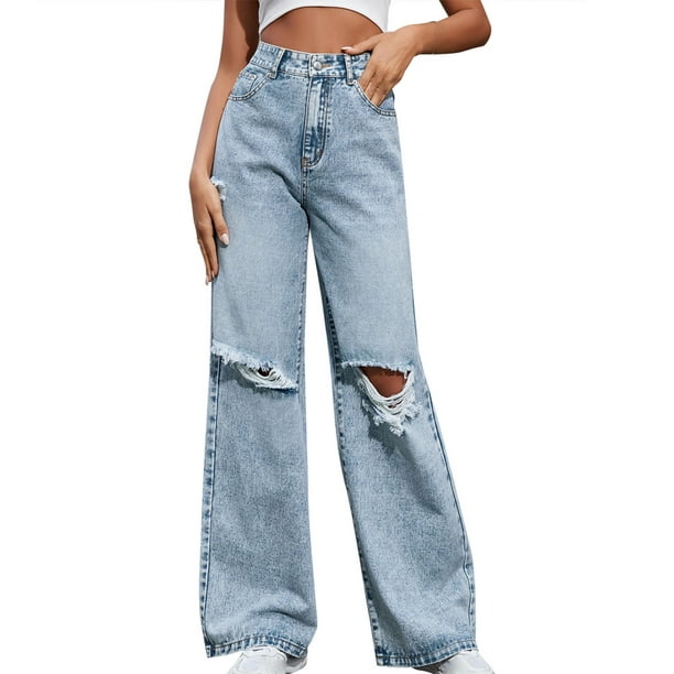 Summer Savings Clearance! PEZHADA Women Ripped Wide Leg Jeans High Waist  Baggy Jeans Loose Boyfriends Jeans Washed Blue 