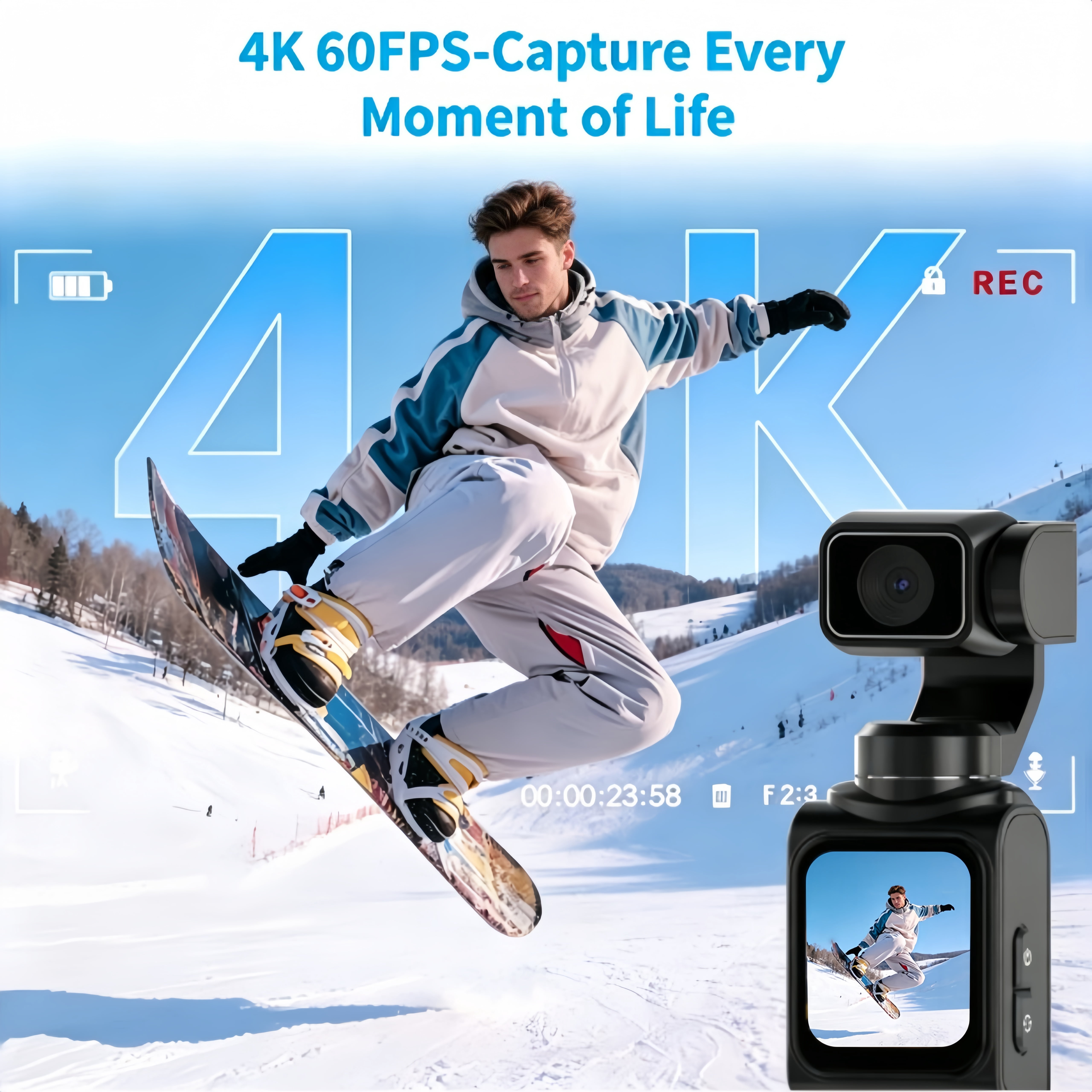 Ourlife Handheld Gimbal WIFI Camera 4K - 64MP Autofocus, 18x Zoom, Touchscreen, Face Tracking, Action Cam Travel Pocket Vlogging Camera with 64GB Card, Gunmetal