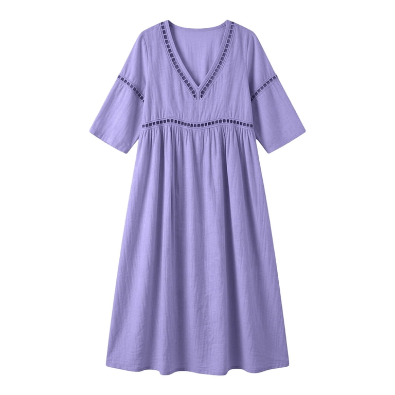 Sexlip Women's Dress Cotton Linen Fabric Hot Weather 7/10 Sleeve Deep V Neck Maxi Length Lovely Breathable Casual Wear Green XS