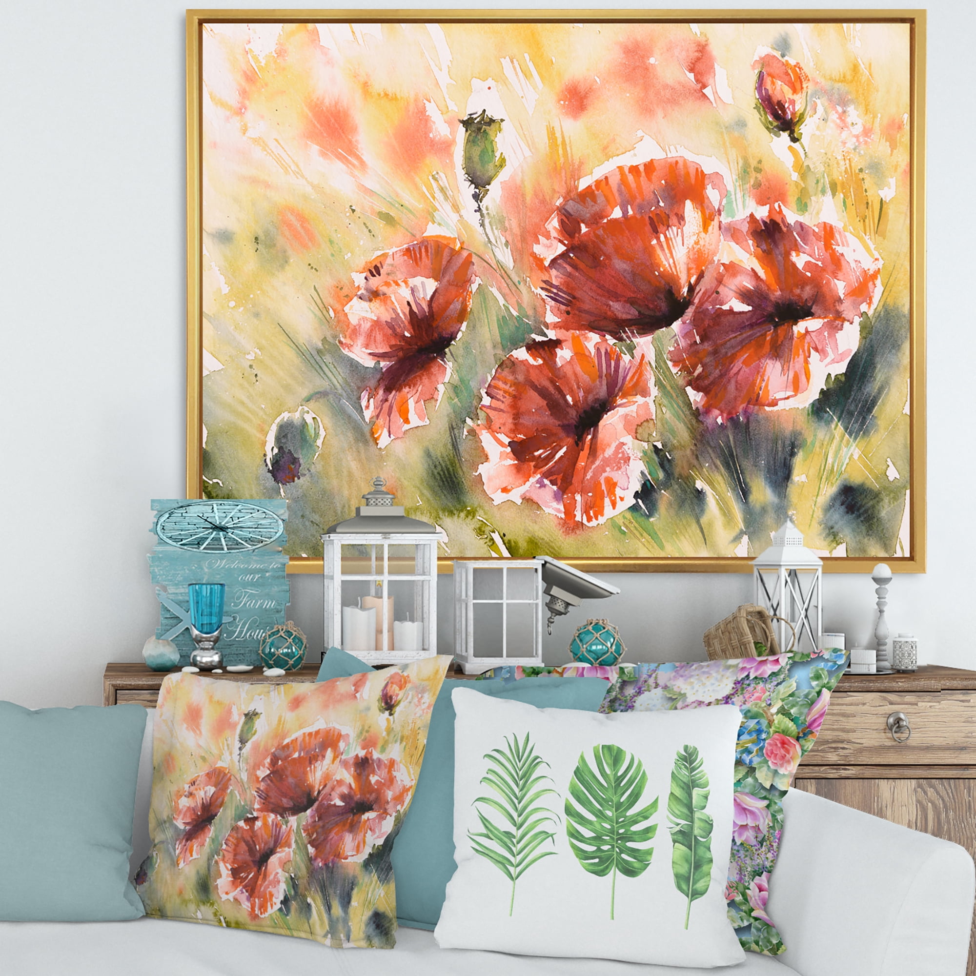 Abstract Red Poppy On A Field 32 in x 16 in Framed Painting Canvas Art Print, by Designart