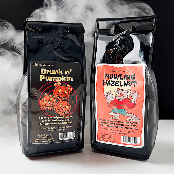 Coffee Masters Spooky Sips Coffeee Sampler - Drunk N' Pumpkin and Howling Hazelnut 12 oz Ground Coffee