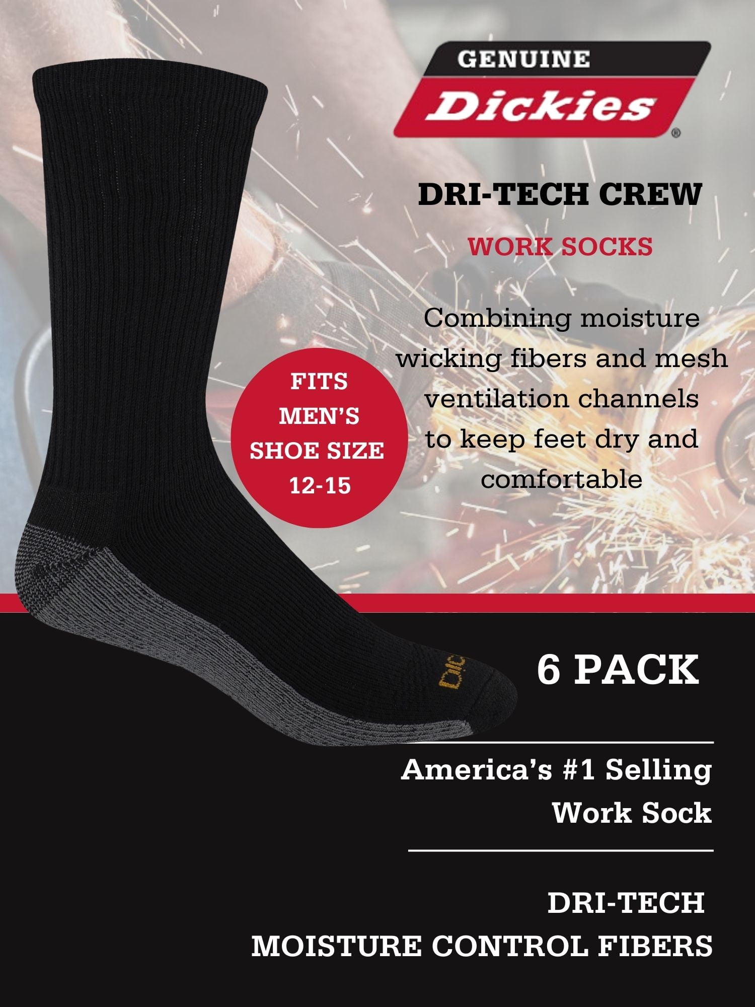 Dickies Men's Dri-Tech Crew Socks, 12 pack- Black/White Ext size 12-15