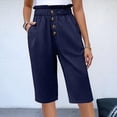 thumbnail image 4 of Pantalones Rectos de Pierna para Mujer, Cintura Alta Elástica Fruncida, Pantalones Deportivos, Pantalones Cortos con Bolsillos, Azul Marino L, 4 of 7