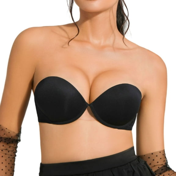 YANDW Women's Strapless Push Up Bra with Clear Straps Multiway Thick Padded Underwire Bras, Black 32D