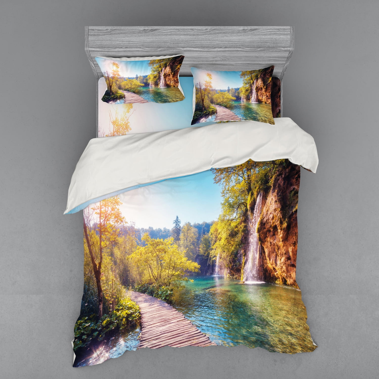 Nature Duvet Cover Set, Idyllic Lake with Waterfall Flowing down the