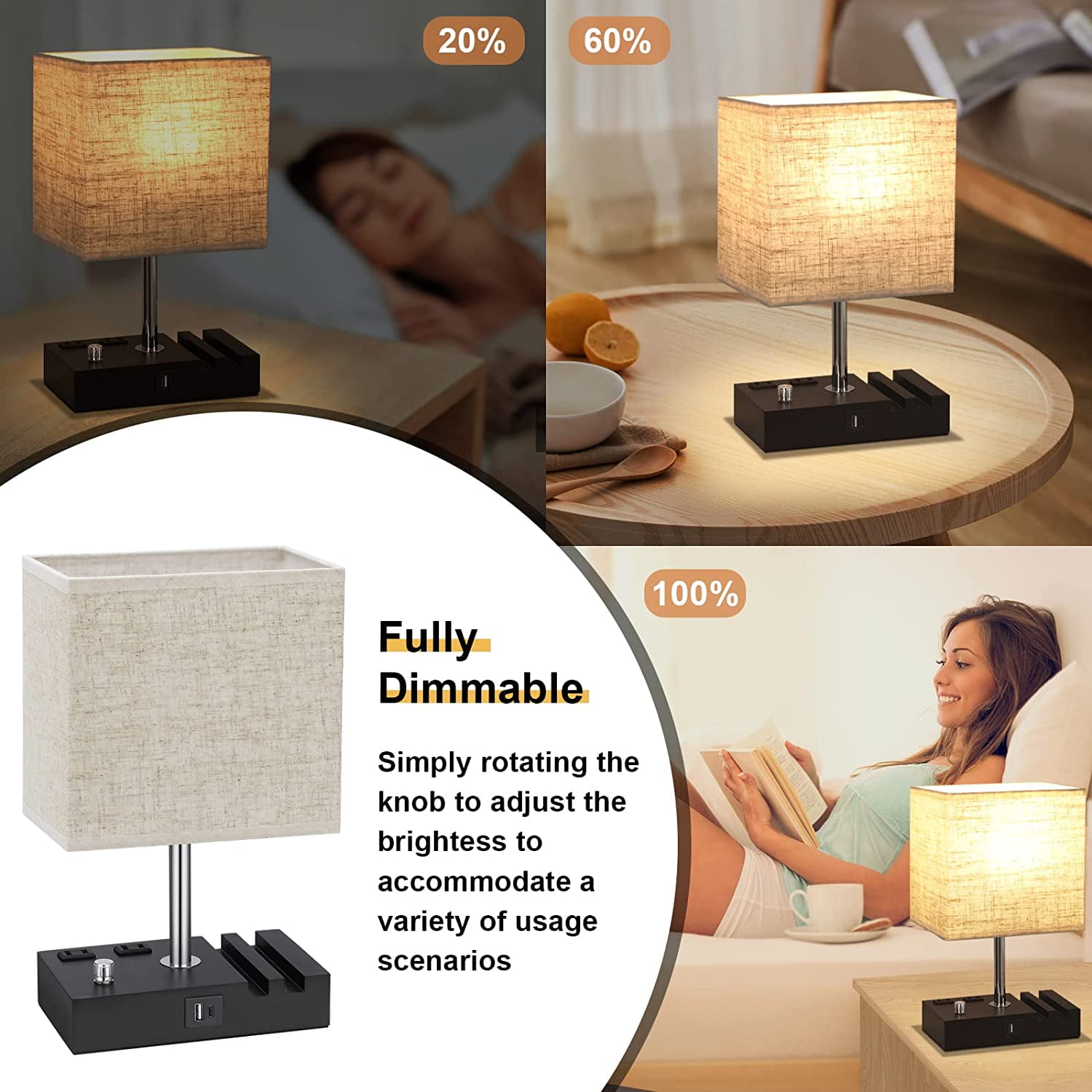 GPED Bedside Table Lamp for Bedroom with Dual Fast USB Charging Ports, Fully Dimmable Nightstand Lamps with 2 Phone Stands and 2 Charging Outlets, Desk lamp with Fabric Shade for Living Room