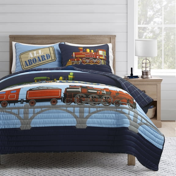 Steam Trains Quilt Navy/Multi 3Pc Set Full/Queen